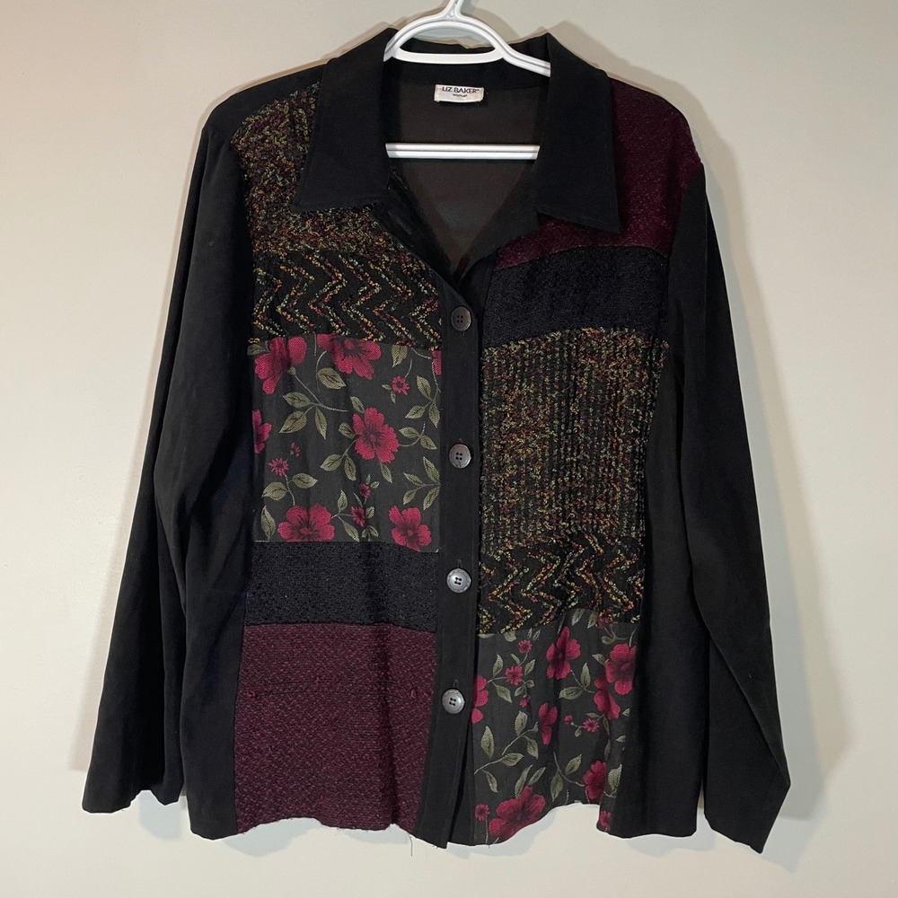 Liz Baker Woman Patchwork Floral Mixed Media Button Front Shirt Black XL Artsy